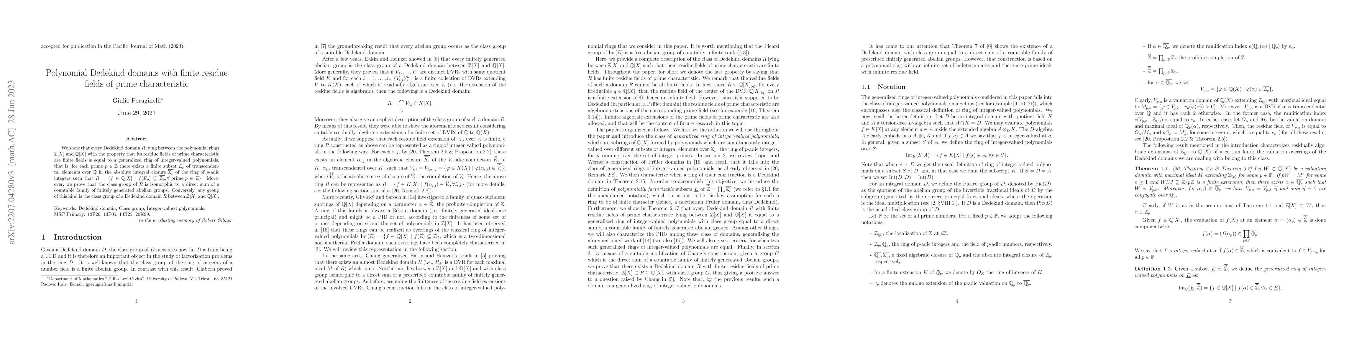 Thumbnail for Polynomial Dedekind domains with finite residue fields of prime
  characteristic