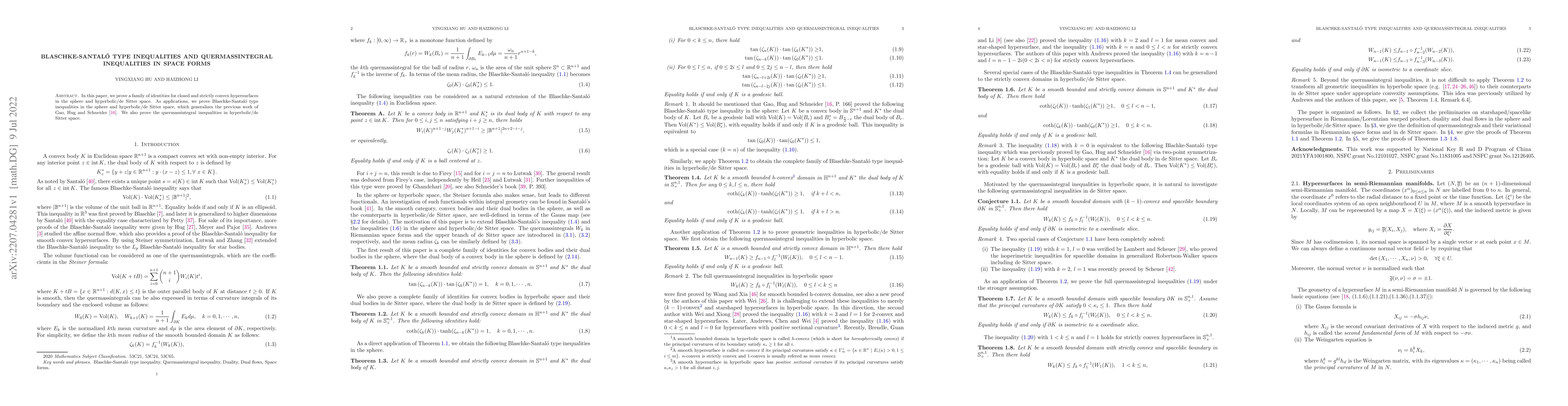 Thumbnail for Blaschke-Santal\'o type inequalities and quermassintegral inequalities
  in space forms