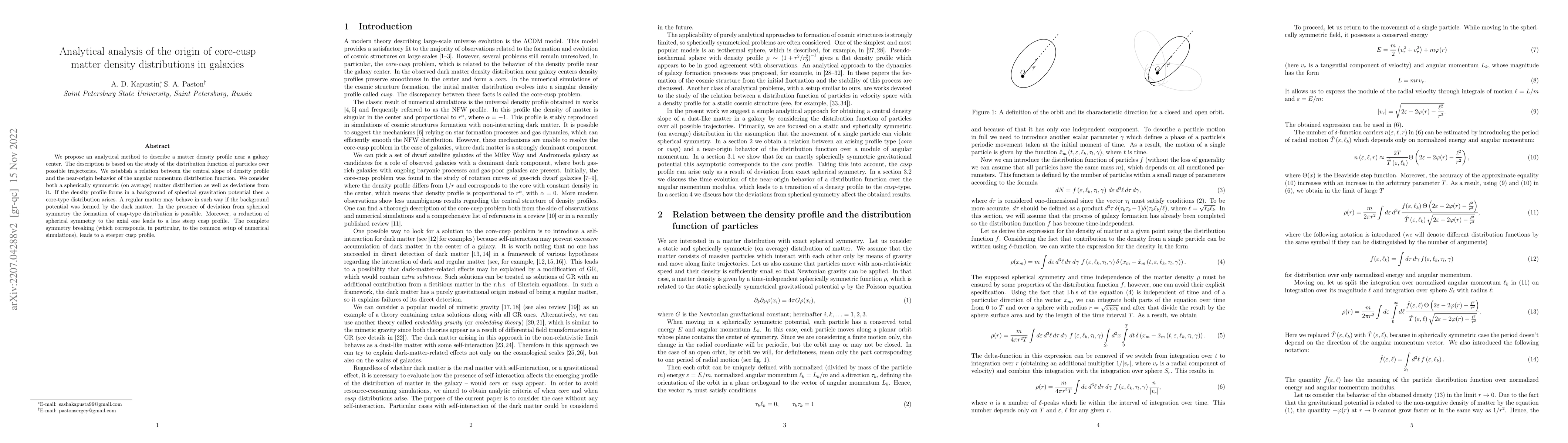 Thumbnail for Analytical analysis of the origin of core-cusp matter density
  distributions in galaxies
