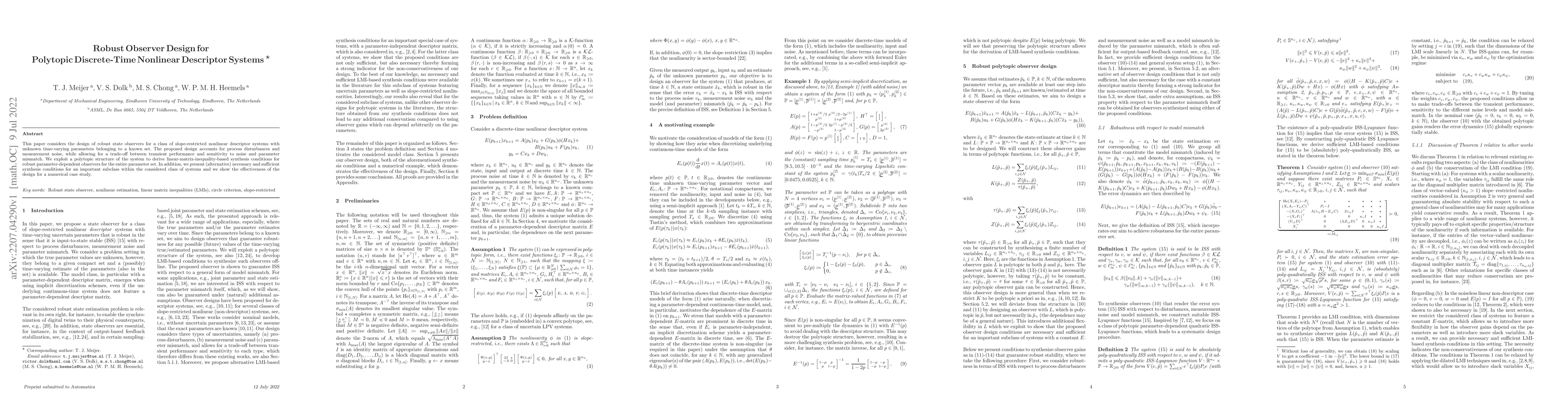 Thumbnail for Robust Observer Design for Polytopic Discrete-Time Nonlinear Descriptor
  Systems