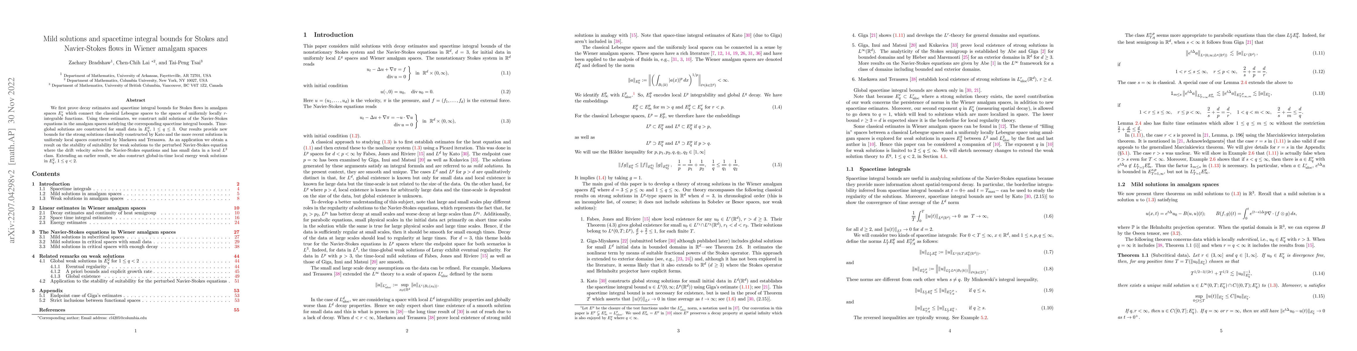Thumbnail for Mild solutions and spacetime integral bounds for Stokes and
  Navier-Stokes flows in Wiener amalgam spaces