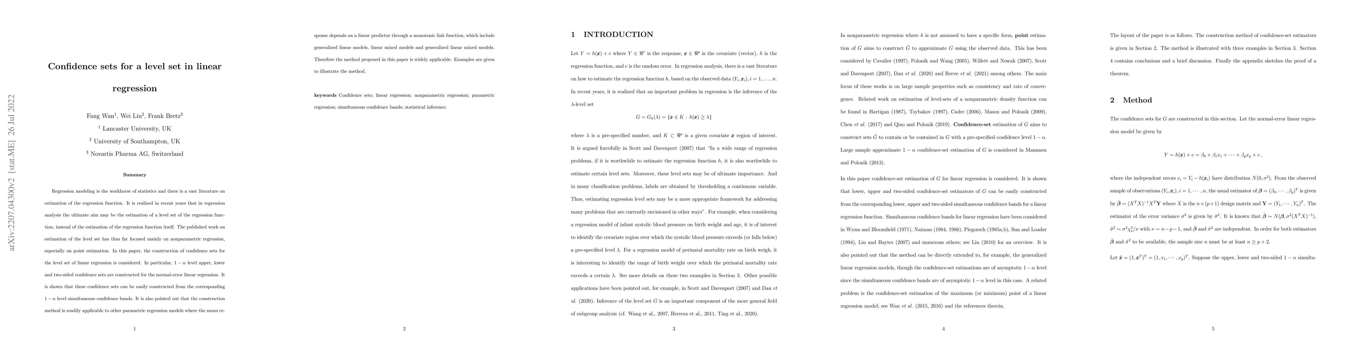 Thumbnail for Confidence Sets for a level set in linear regression