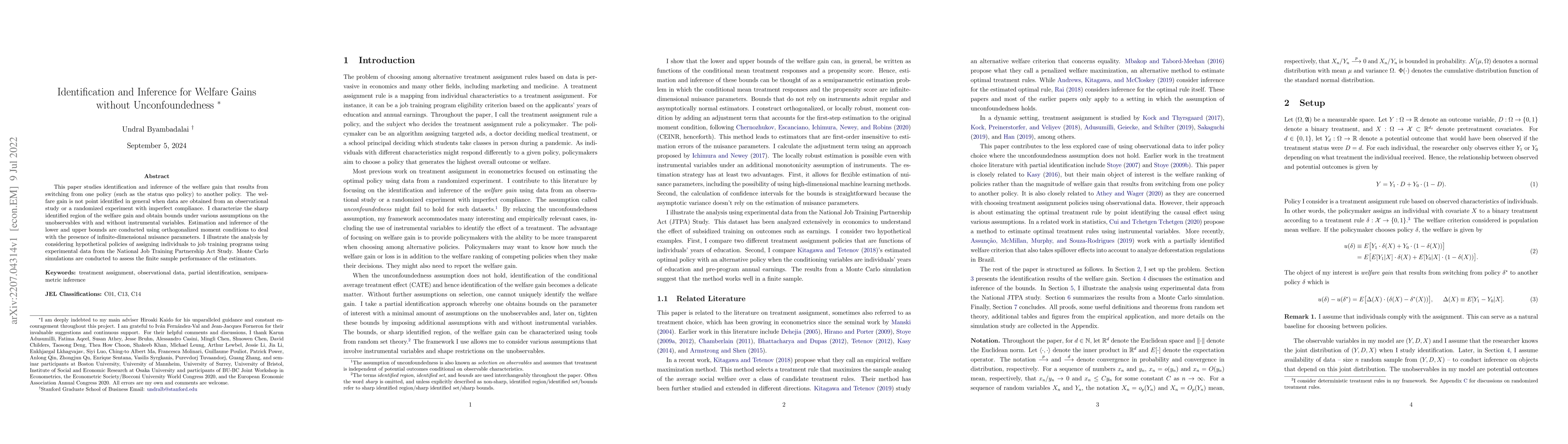 Thumbnail for Identification and Inference for Welfare Gains without Unconfoundedness