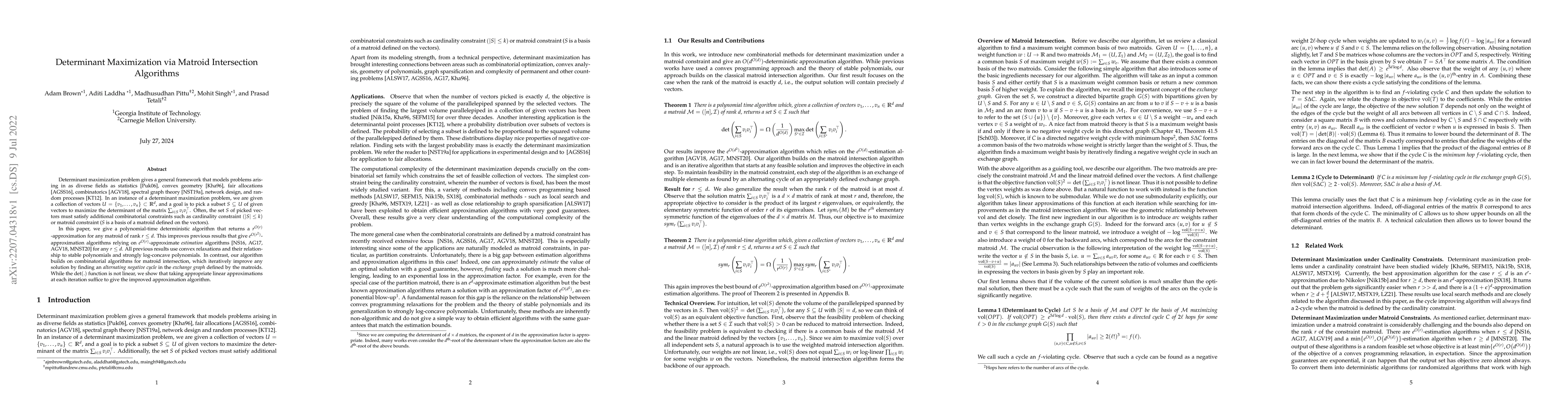 Thumbnail for Determinant Maximization via Matroid Intersection Algorithms