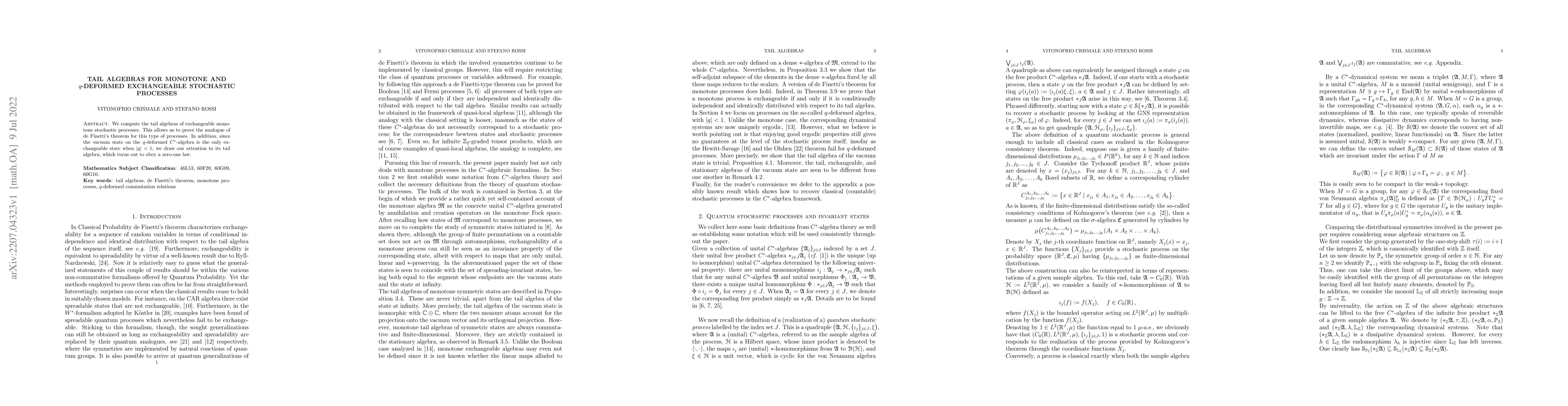 Thumbnail for Tail algebras for monotone and $q$-deformed exchangeable stochastic
  processes