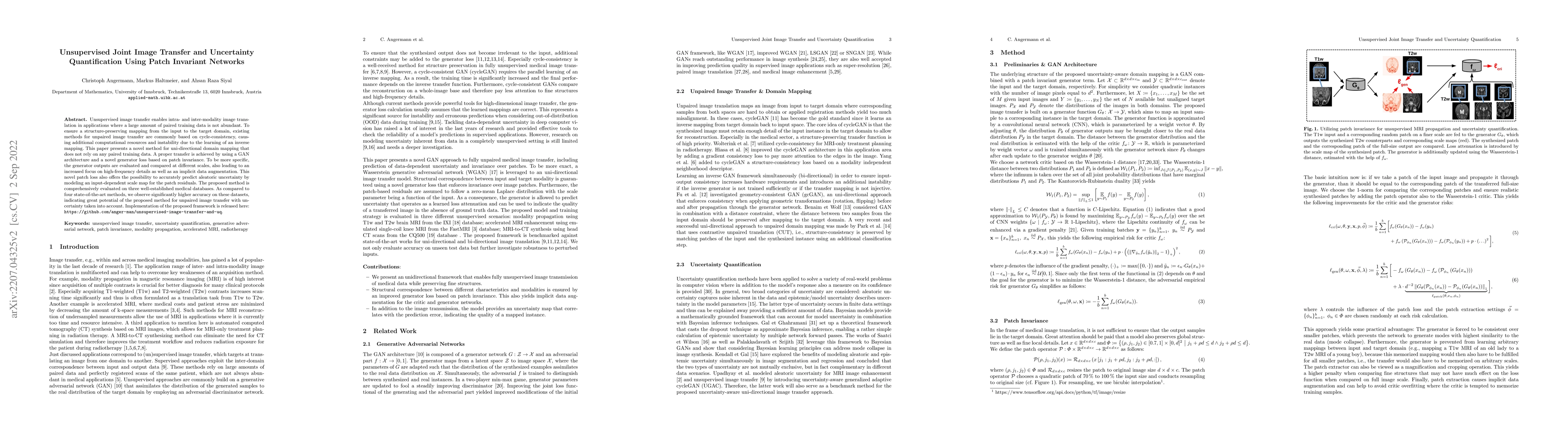 Thumbnail for Unsupervised Joint Image Transfer and Uncertainty Quantification Using
  Patch Invariant Networks