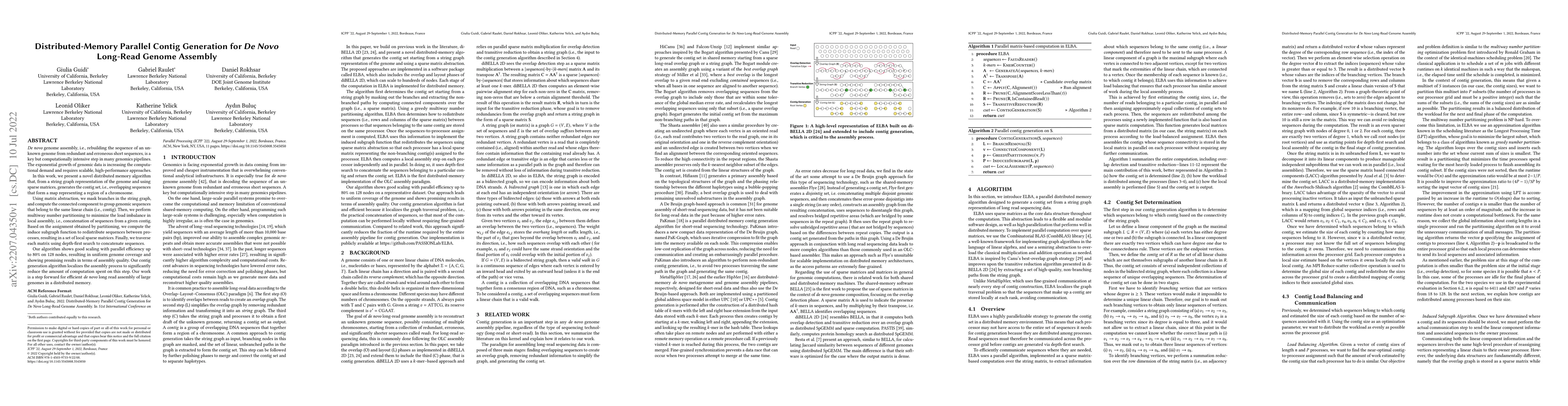 Thumbnail for Distributed-Memory Parallel Contig Generation for De Novo Long-Read
  Genome Assembly
