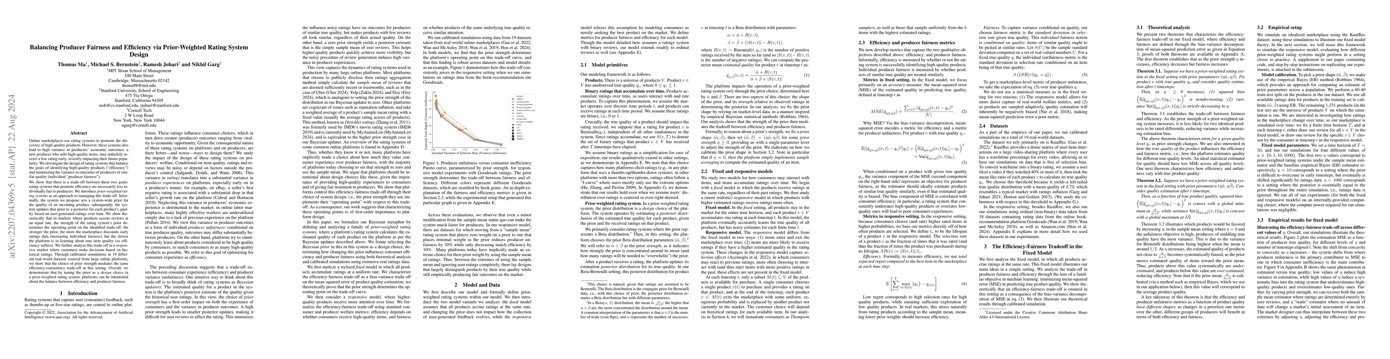 Thumbnail for Balancing Producer Fairness and Efficiency via Prior-Weighted Rating
  System Design