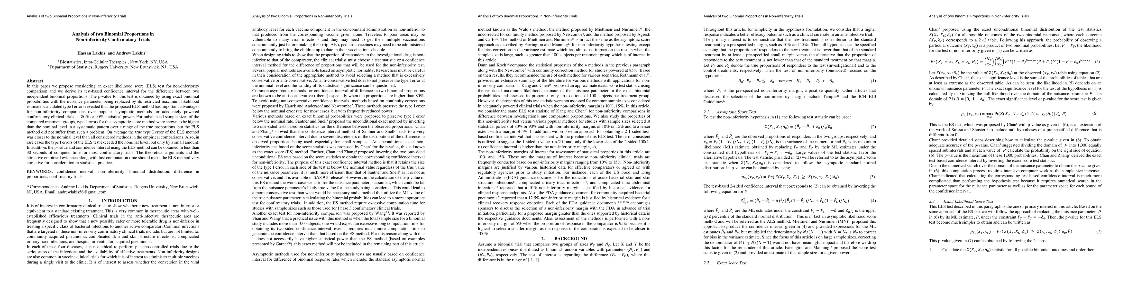 Thumbnail for Analysis of two Binomial Proportions in Non-inferiority Confirmatory
  Trials