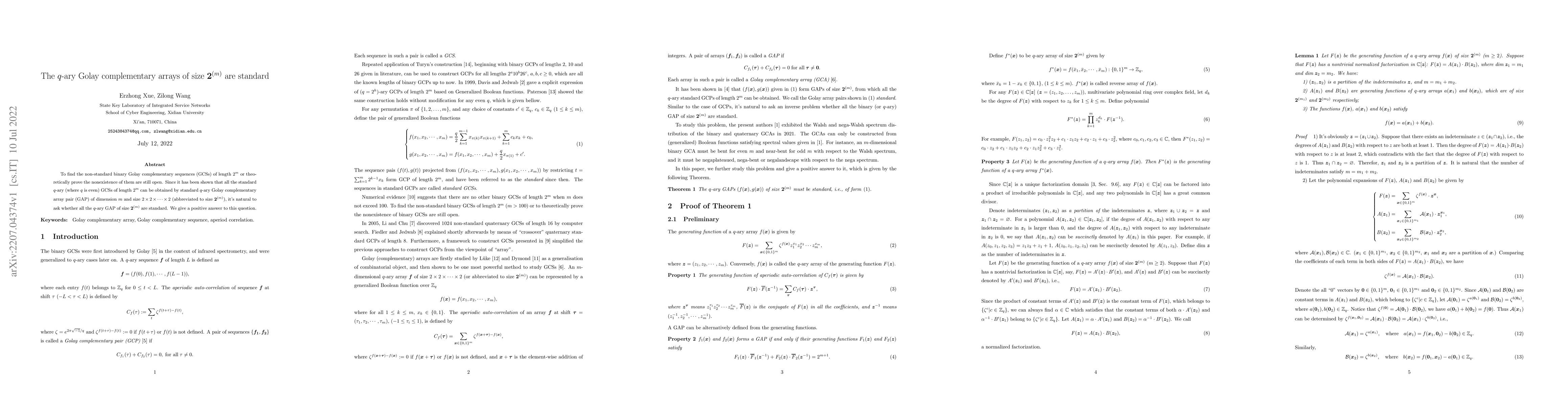 Thumbnail for The $q$-ary Golay complementary arrays of size $\mathbf{2}^{(m)}$ are
  standard