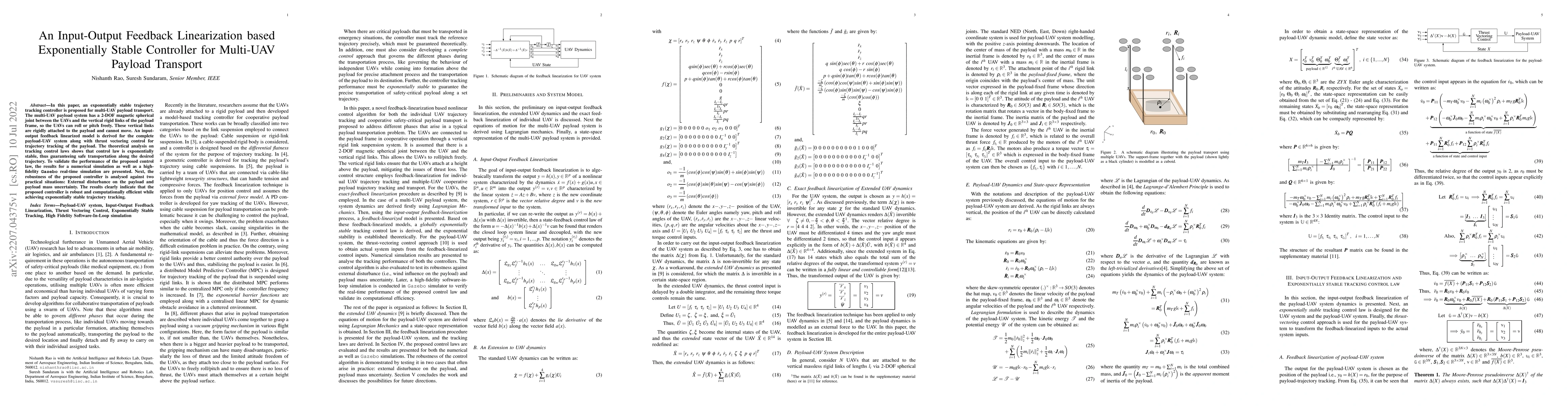 Thumbnail for An Input-Output Feedback Linearization based Exponentially Stable
  Controller for Multi-UAV Payload Transport