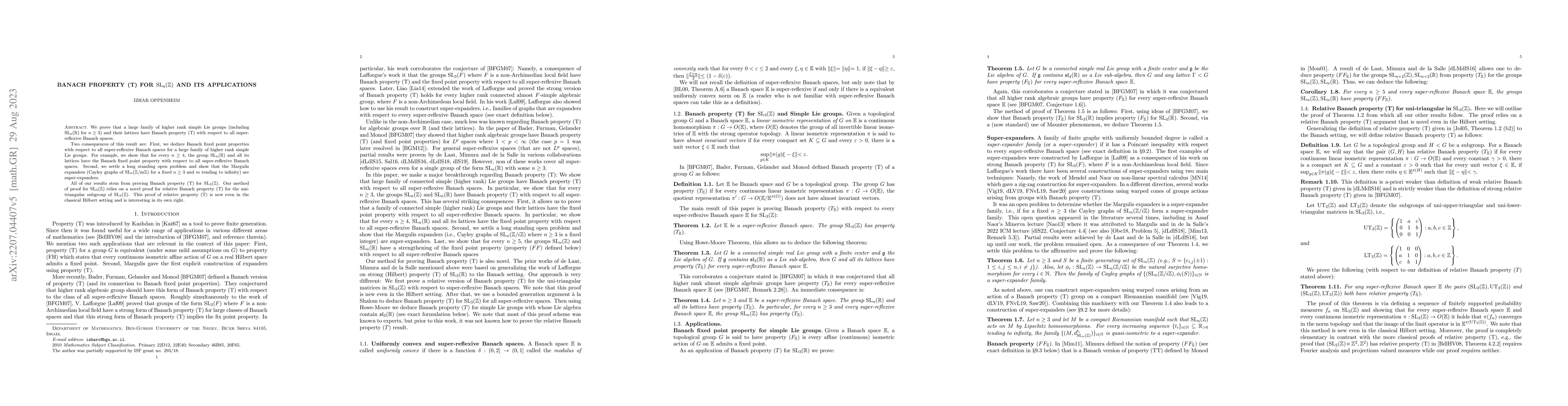 Thumbnail for Banach property (T) for $\rm SL_n (\mathbb{Z})$ and its applications