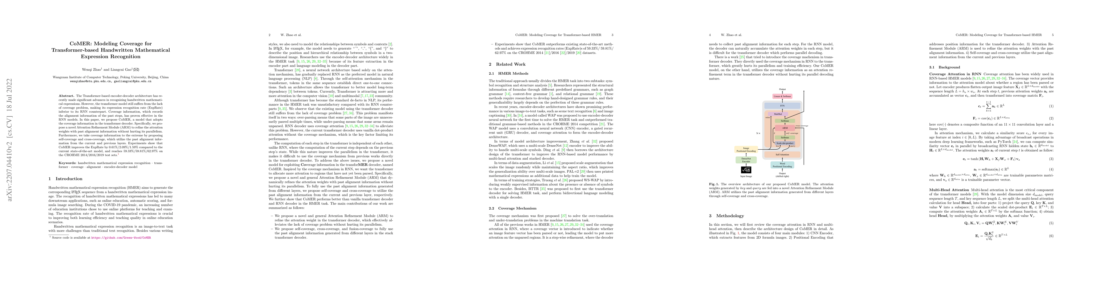 Thumbnail for CoMER: Modeling Coverage for Transformer-based Handwritten Mathematical
  Expression Recognition