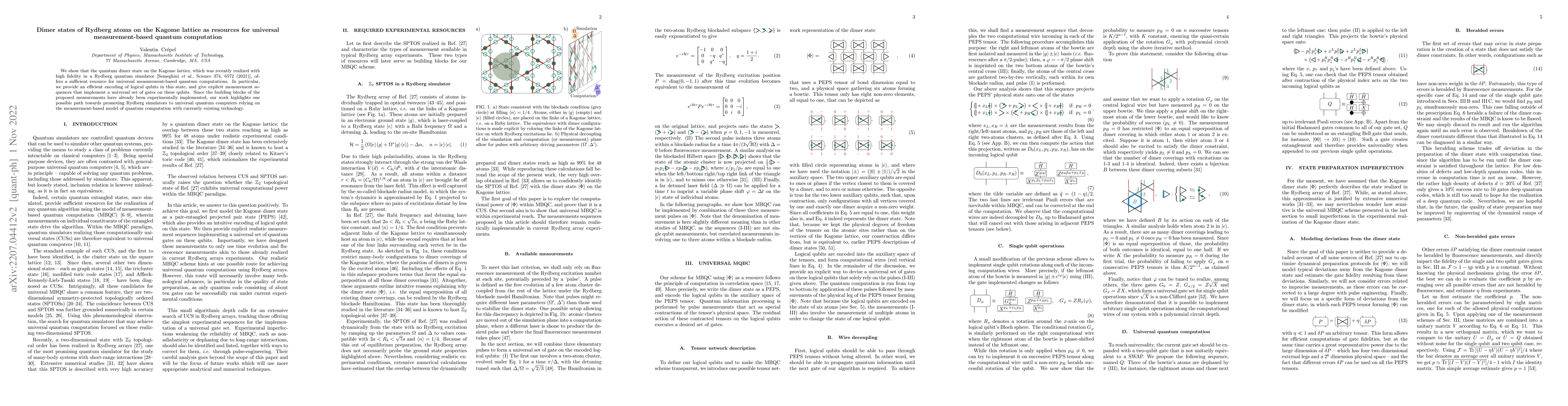 Thumbnail for Dimer states of Rydberg atoms on the Kagome lattice as resources for
  universal measurement-based quantum computation