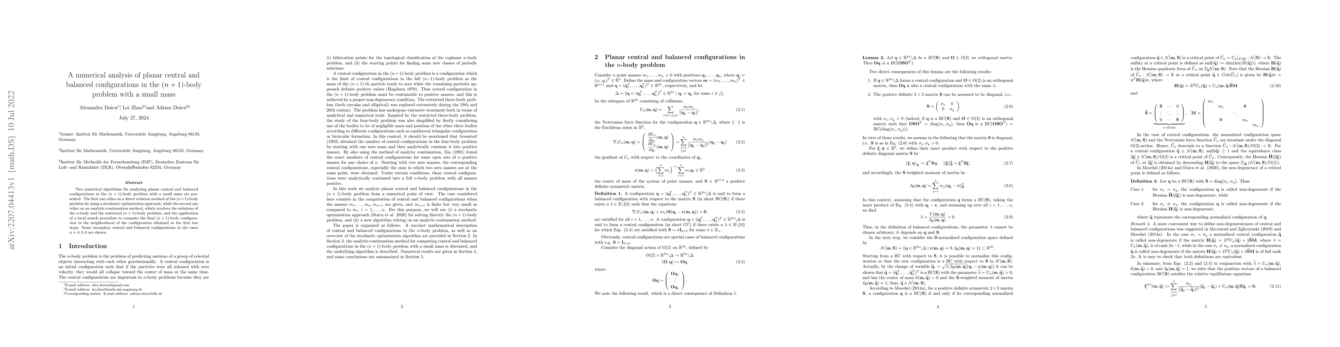 Thumbnail for A numerical analysis of planar central and balanced configurations in
  the (n+1)-body problem with a small mass