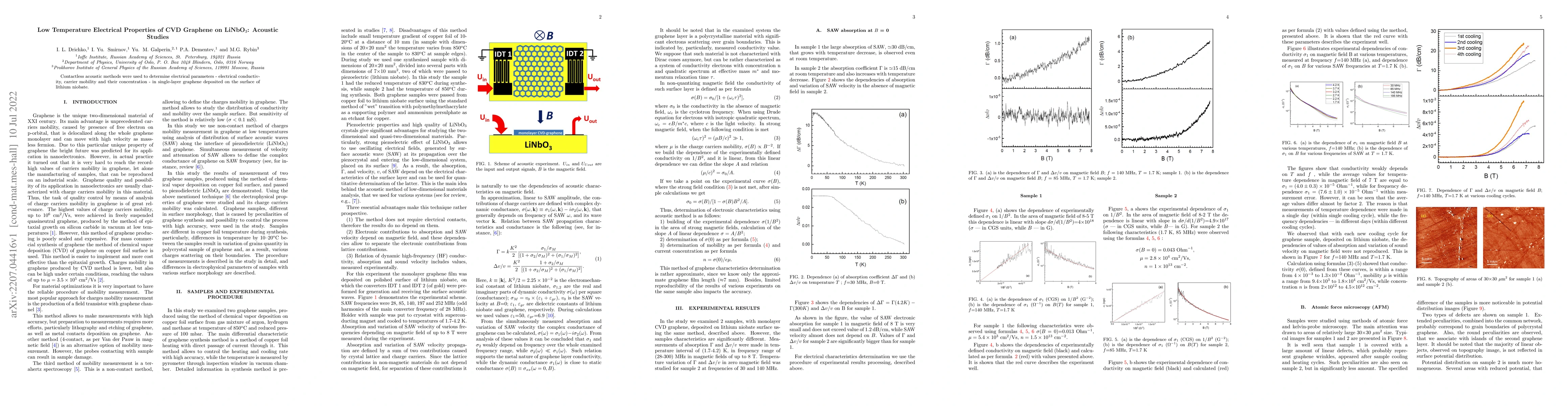 Thumbnail for Low Temperature Electrical Properties of CVD Graphene on LiNbO$_3$:
  Acoustic Studies