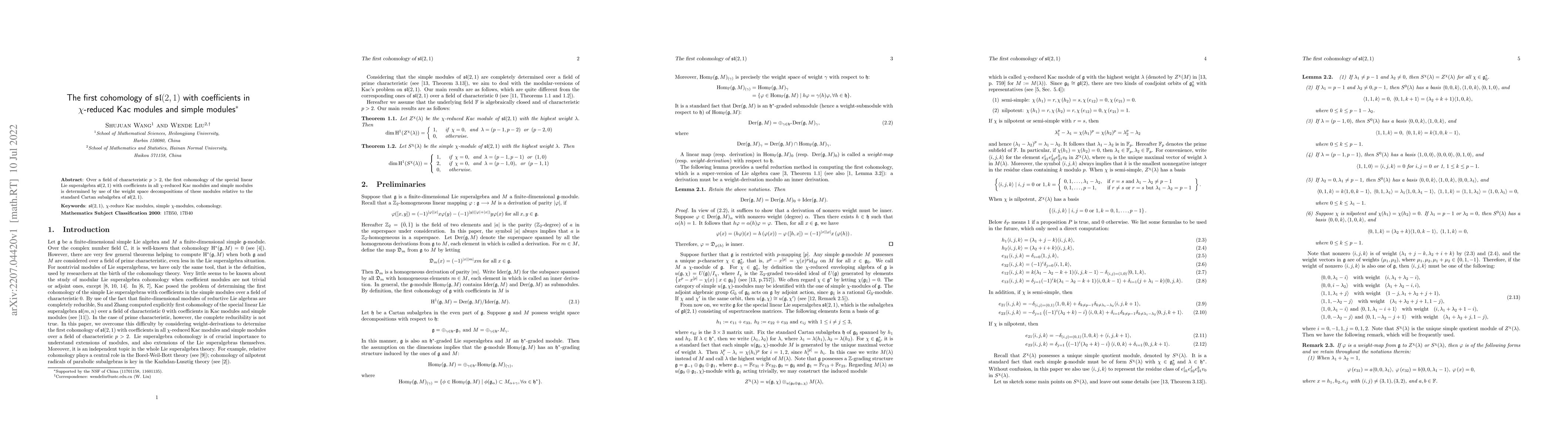 Thumbnail for The first cohomology of sl(2,1) with coefficients in $\chi$-reduced Kac
  modules and simple modules
