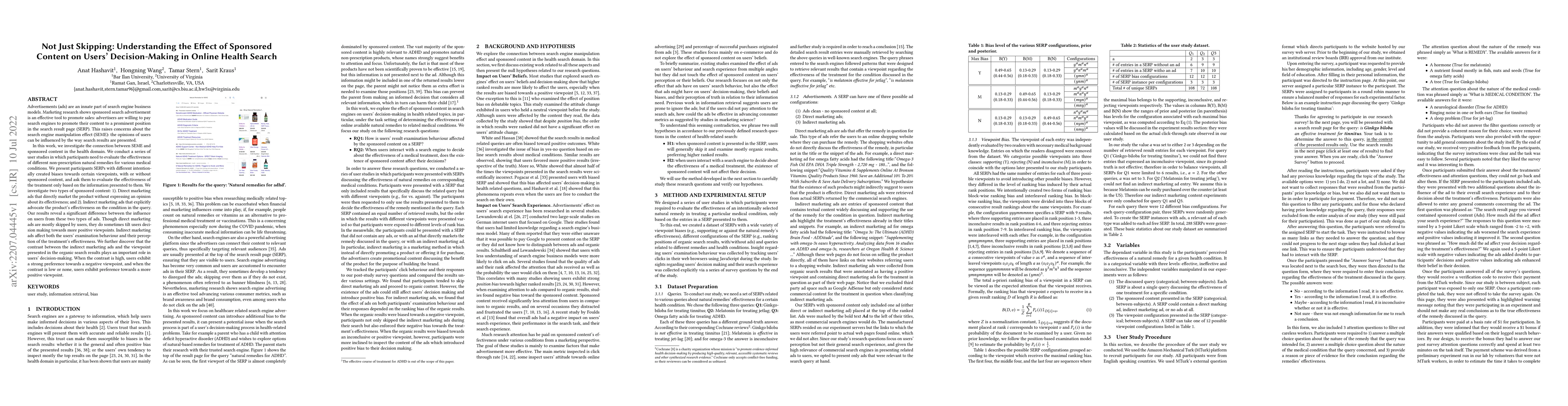 Thumbnail for Not Just Skipping. Understanding the Effect of Sponsored Content on
  Users' Decision-Making in Online Health Search