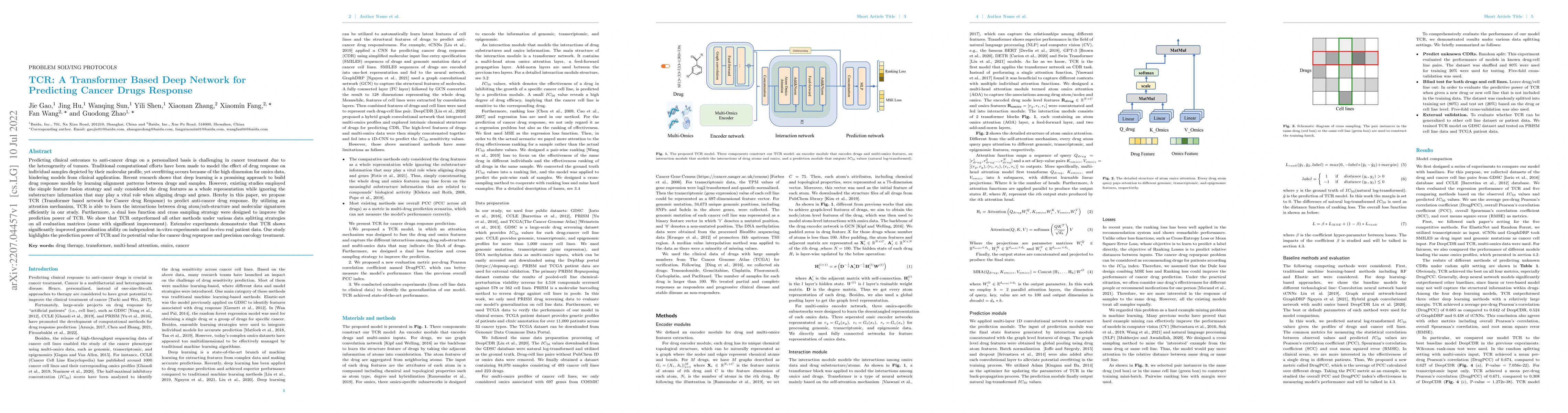Thumbnail for TCR: A Transformer Based Deep Network for Predicting Cancer Drugs
  Response