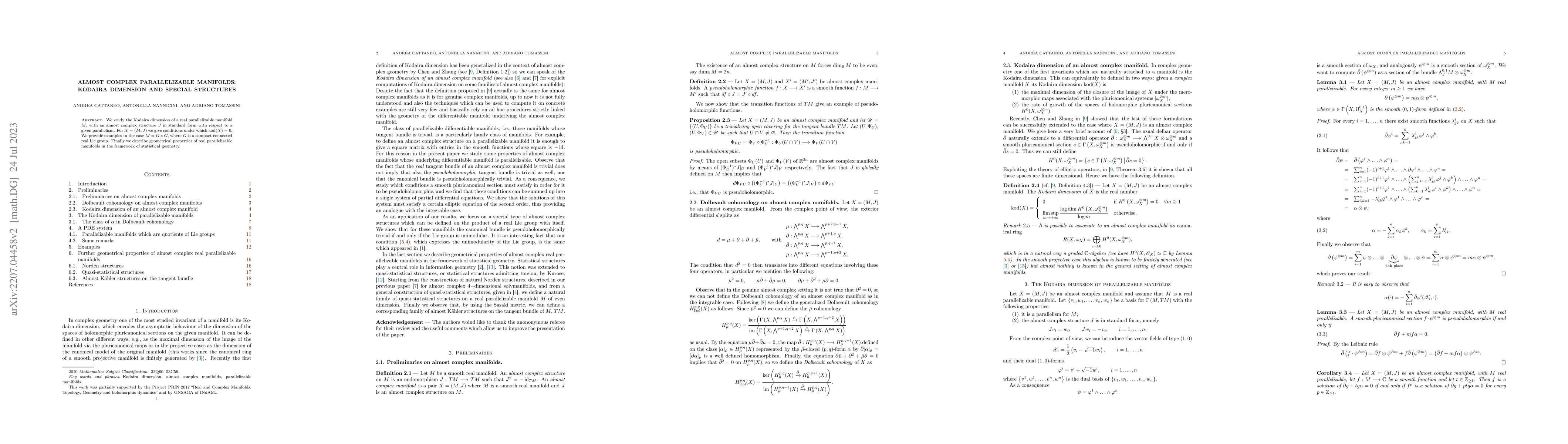 Thumbnail for Almost complex parallelizable manifolds: Kodaira dimension and special
  structures