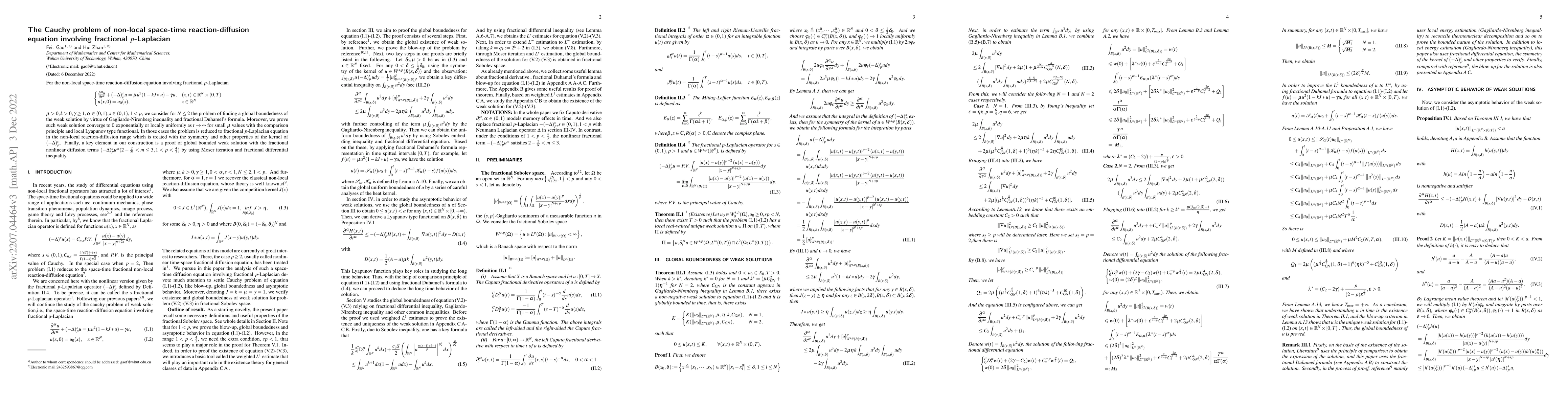 Thumbnail for The Cauchy problem of non-local space-time reaction-diffusion equation
  involving fractional $p$-Laplacian