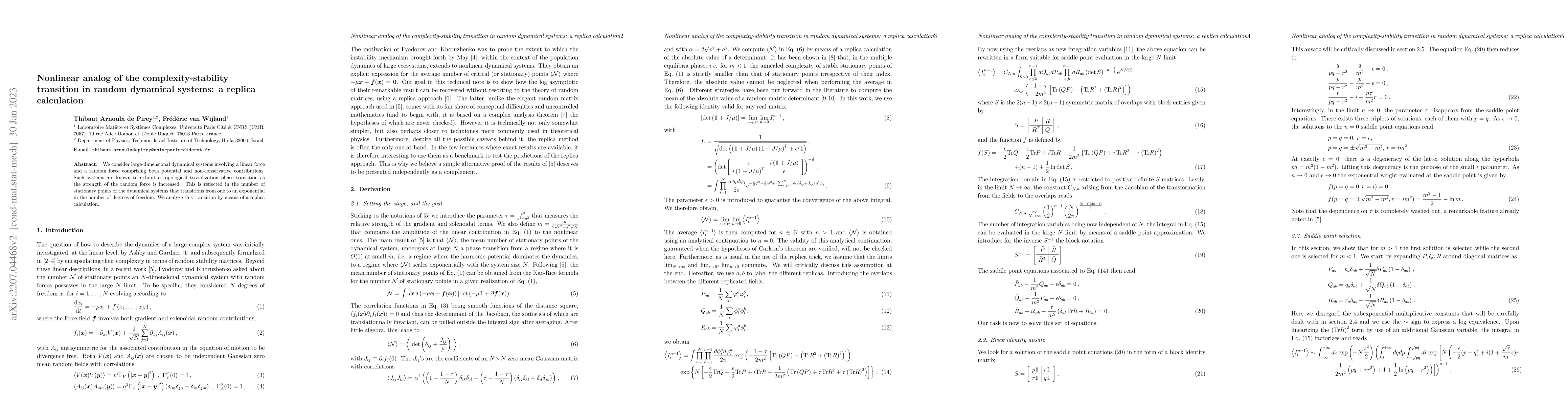 Thumbnail for Nonlinear analog of the complexity-stability transition in random
  dynamical systems: a replica calculation