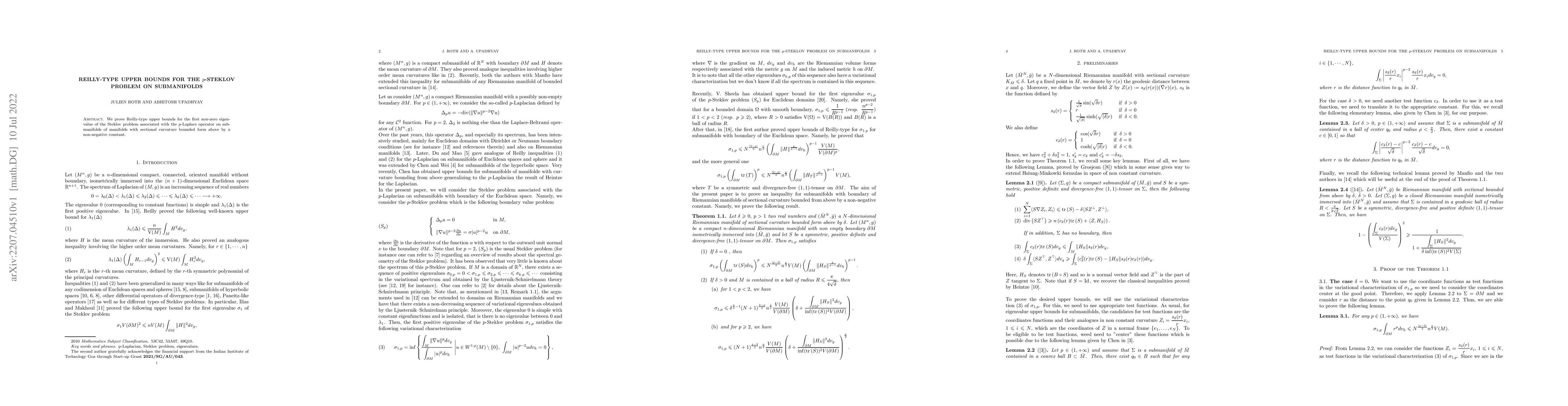 Thumbnail for Reilly-type upper bounds for the $p$-Steklov problem on submanifolds