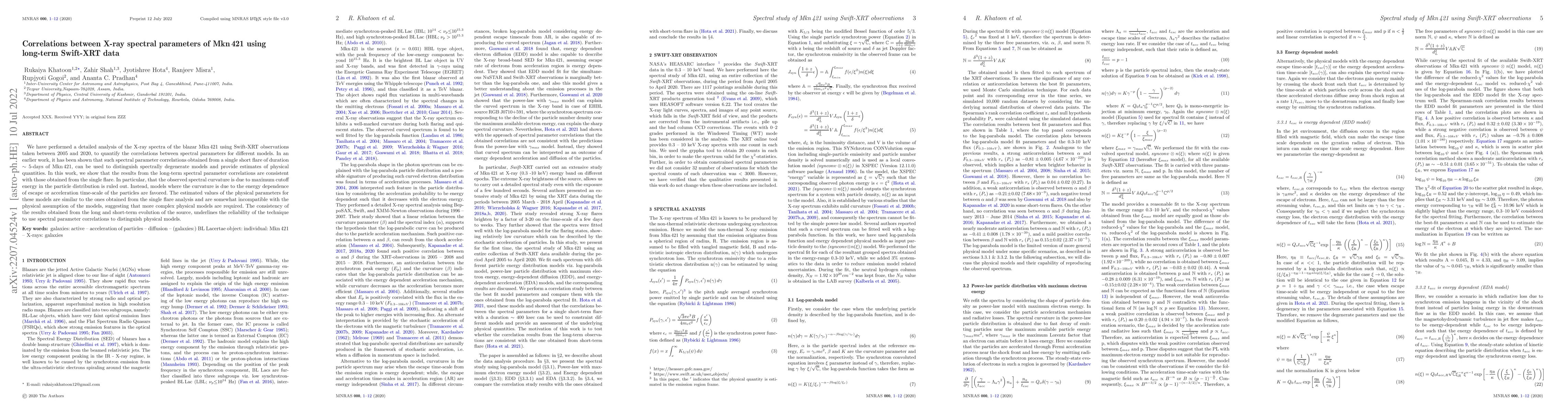 Thumbnail for Correlations between X-ray spectral parameters of Mkn 421 using
  long-term Swift-XRT data