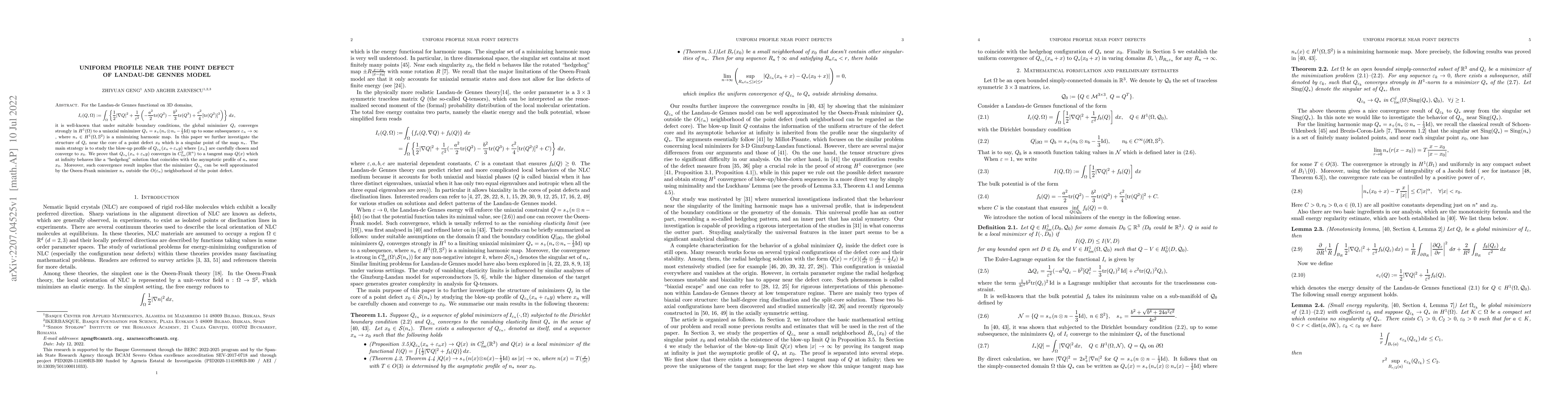 Thumbnail for Uniform profile near the point defect of Landau-de Gennes model