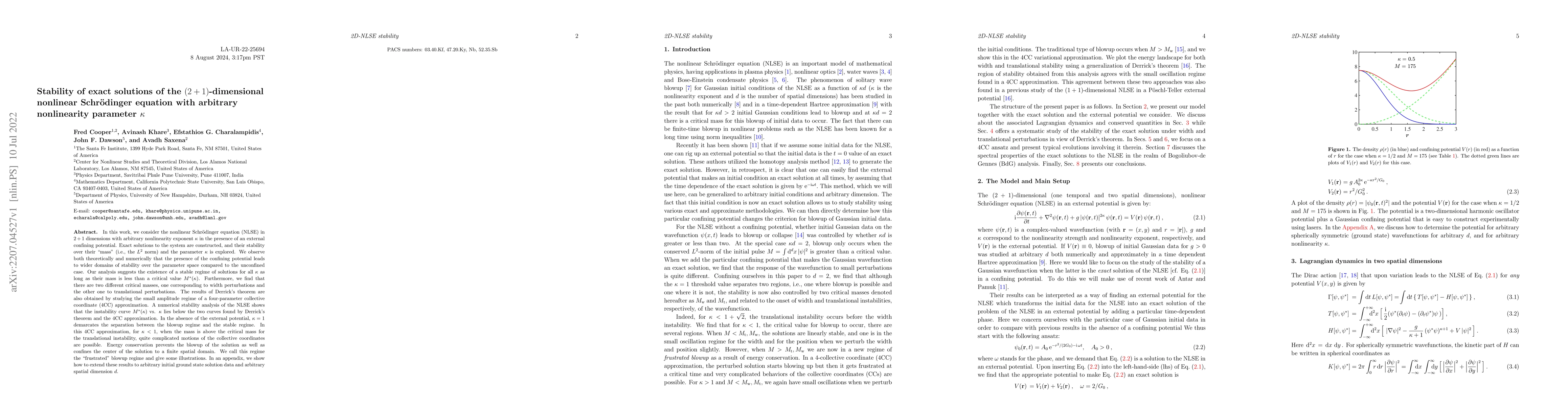 Thumbnail for Stability of exact solutions of the $(2+1)$-dimensional nonlinear
  Schr\"odinger equation with arbitrary nonlinearity parameter $\kappa$