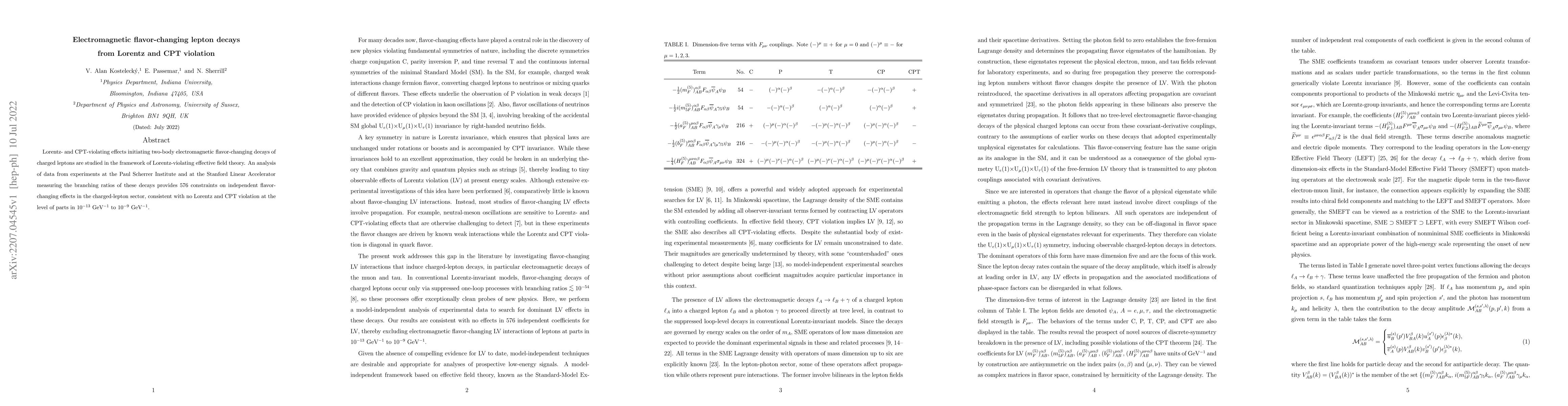 Thumbnail for Electromagnetic Flavor-Changing Lepton Decays from Lorentz and CPT
  Violation