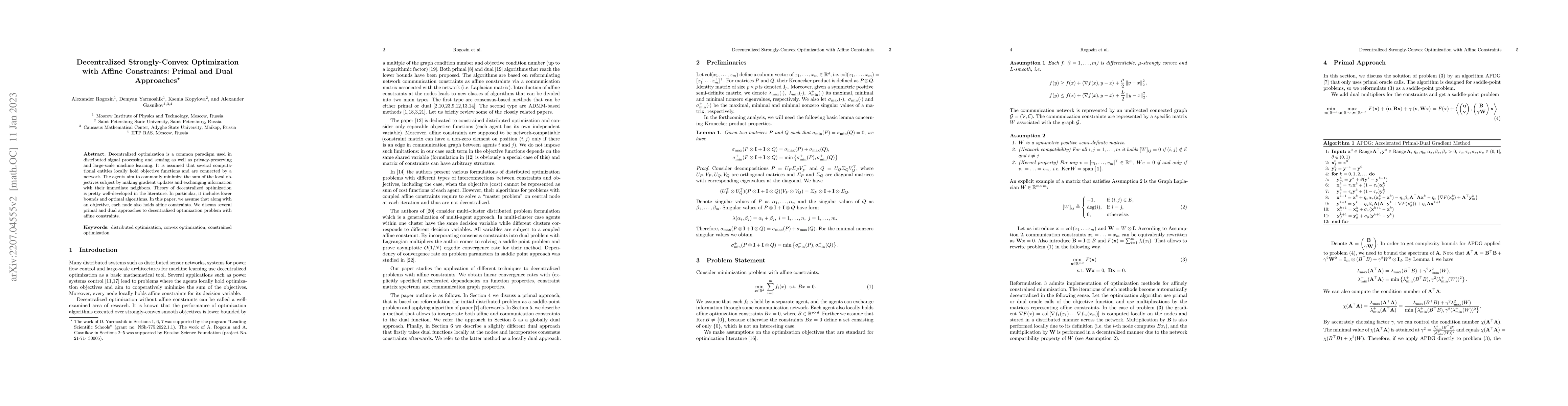 Thumbnail for Decentralized Strongly-Convex Optimization with Affine Constraints:
  Primal and Dual Approaches