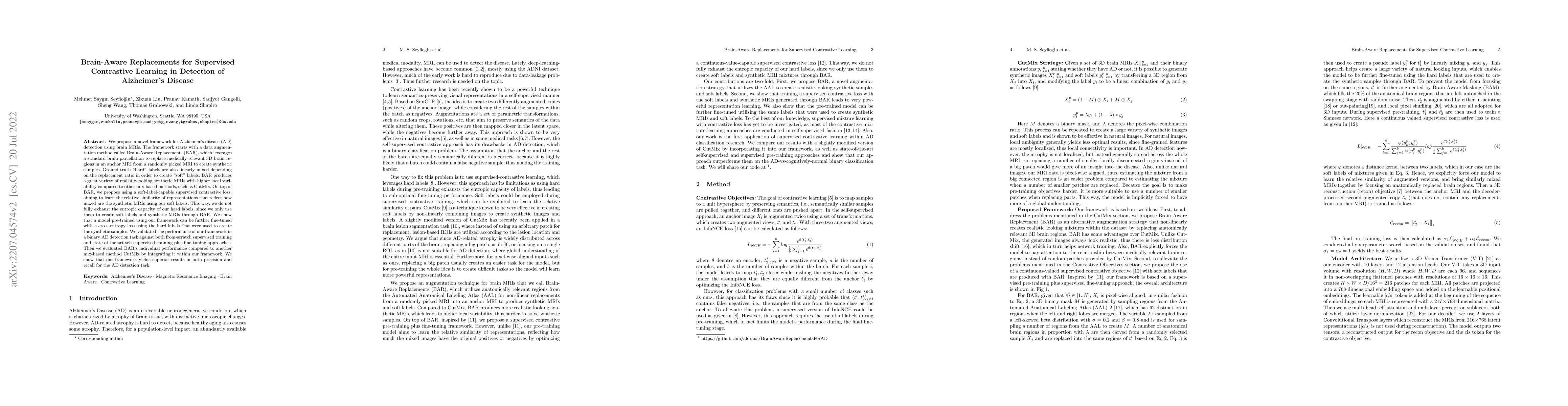 Thumbnail for Brain-Aware Replacements for Supervised Contrastive Learning in
  Detection of Alzheimer's Disease