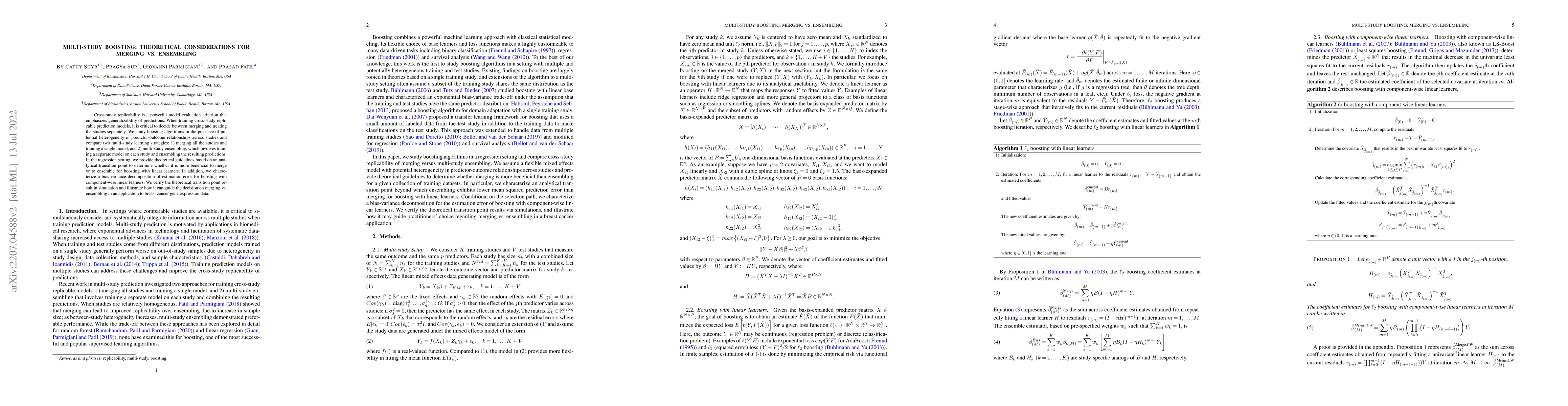 Thumbnail for Multi-Study Boosting: Theoretical Considerations for Merging vs.
  Ensembling