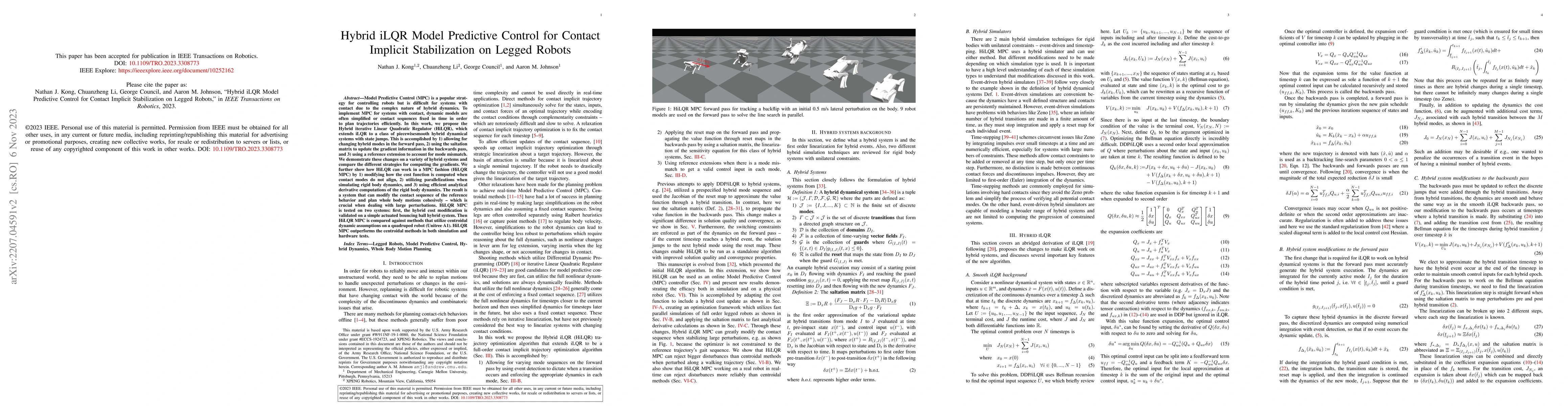 Thumbnail for Hybrid iLQR Model Predictive Control for Contact Implicit Stabilization
  on Legged Robots