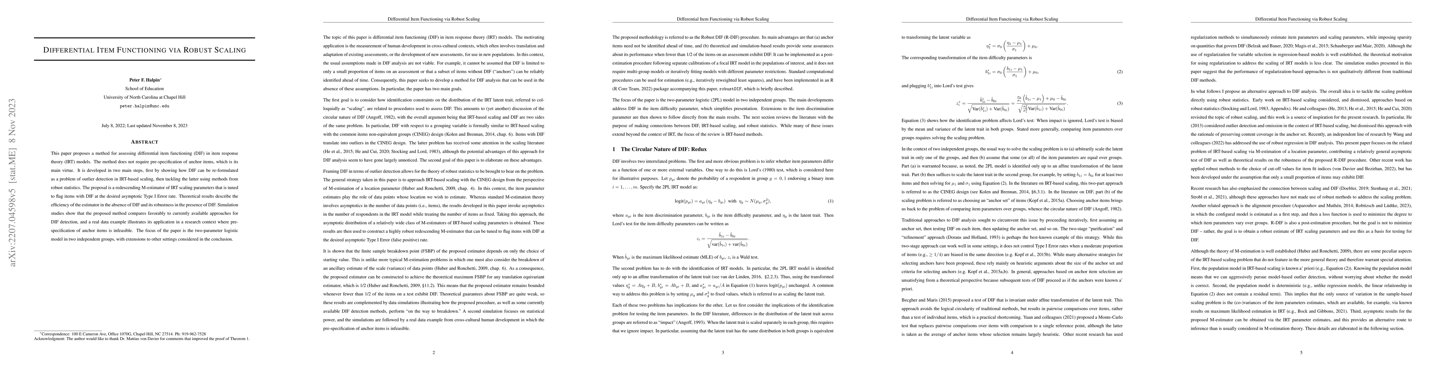 Thumbnail for Differential item functioning via robust scaling