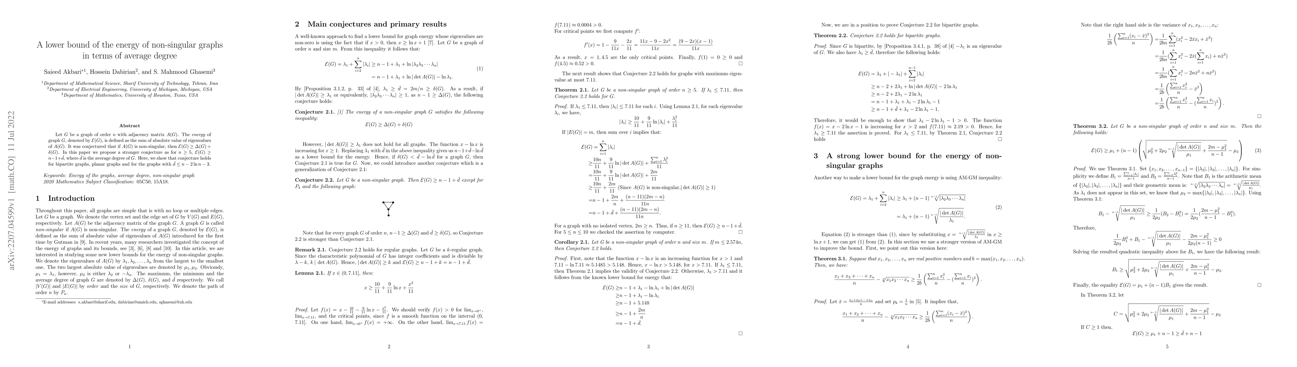 Thumbnail for A lower bound of the energy of non-singular graphs in terms of average
  degree