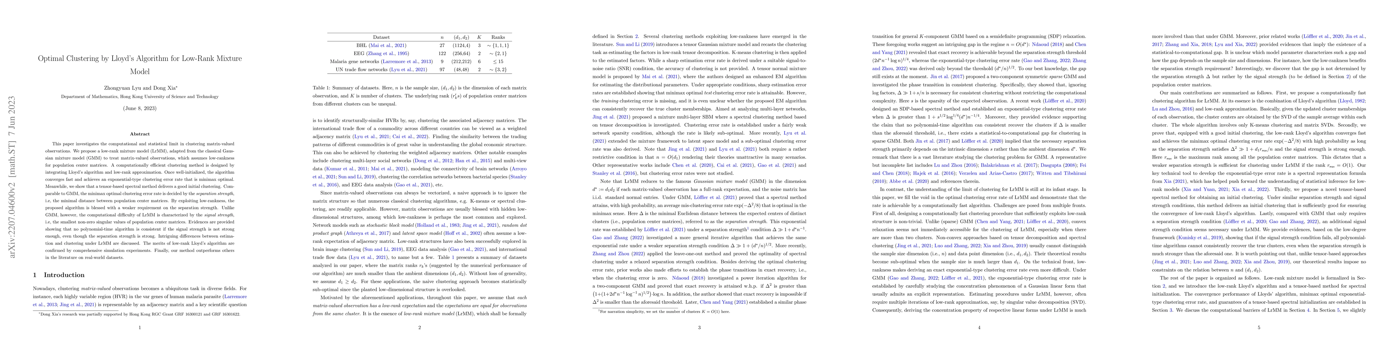 Thumbnail for Optimal Clustering by Lloyd Algorithm for Low-Rank Mixture Model