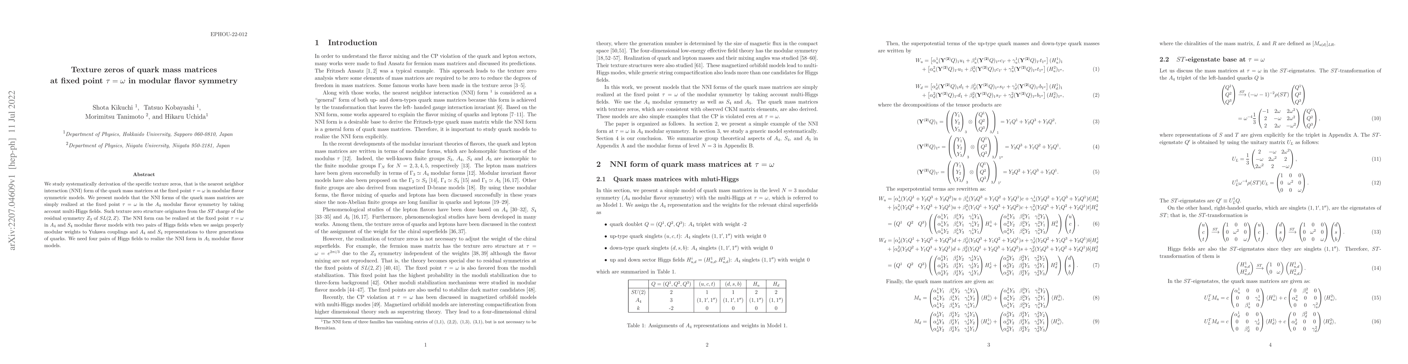 Thumbnail for Texture zeros of quark mass matrices at fixed point $\tau=\omega$ in
  modular flavor symmetry
