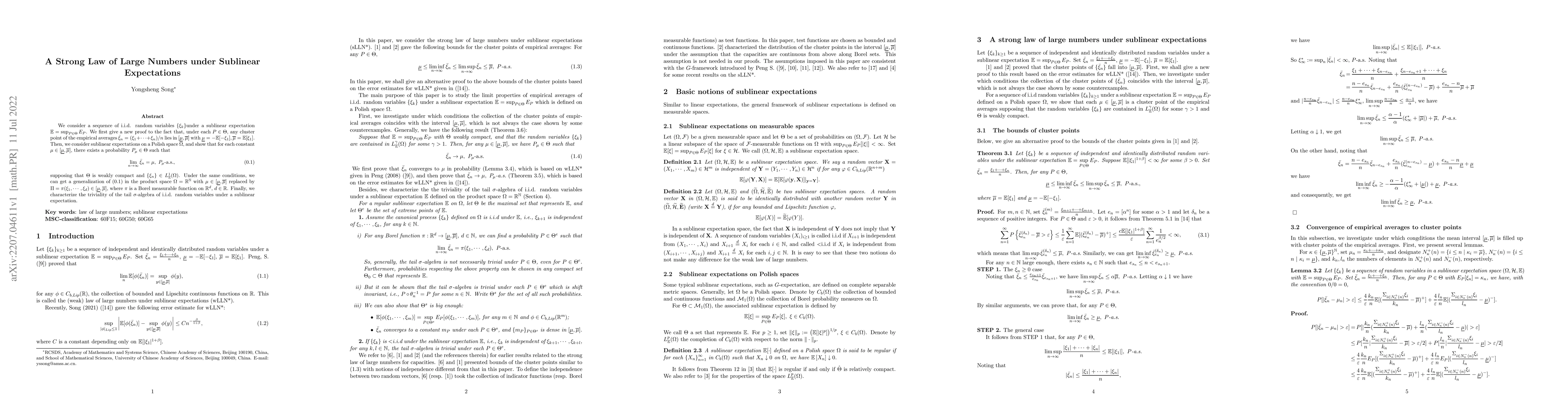 Thumbnail for A Strong Law of Large Numbers under Sublinear Expectations