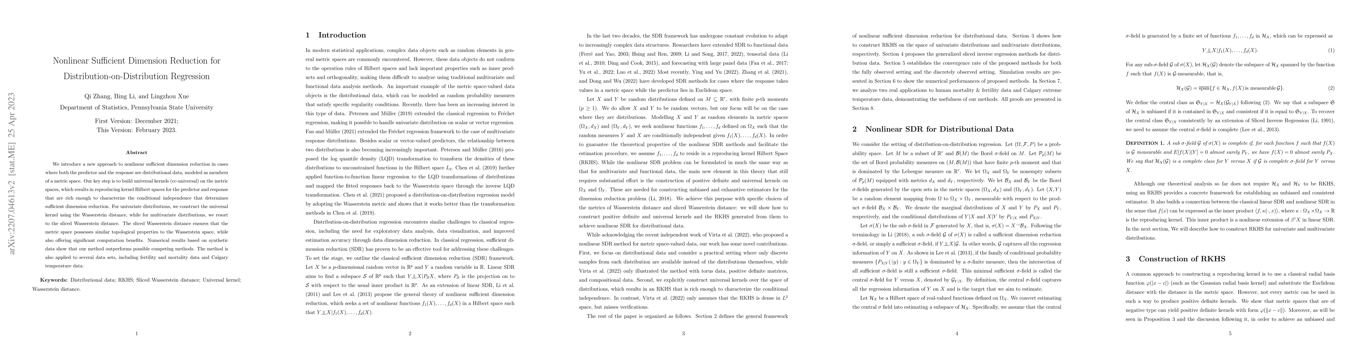 Thumbnail for Nonlinear Sufficient Dimension Reduction for
  Distribution-on-Distribution Regression