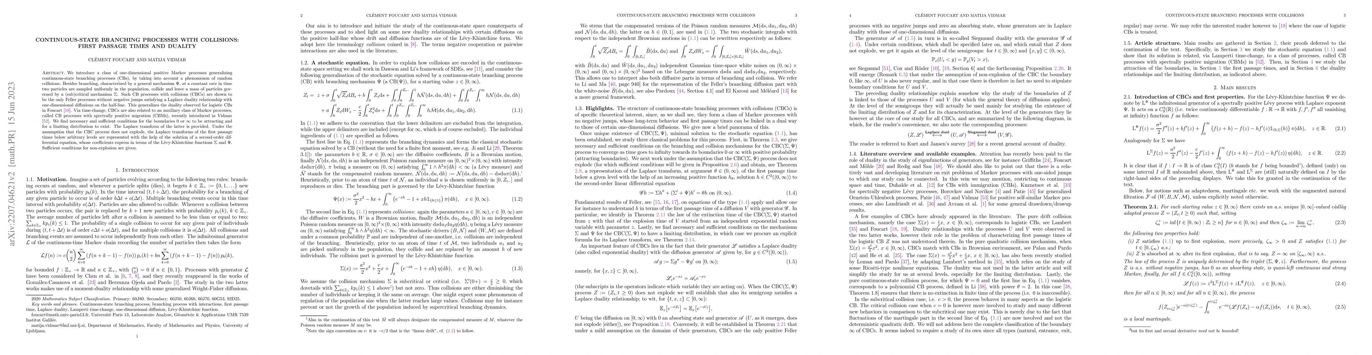 Thumbnail for Continuous-state branching processes with collisions: first passage
  times and duality