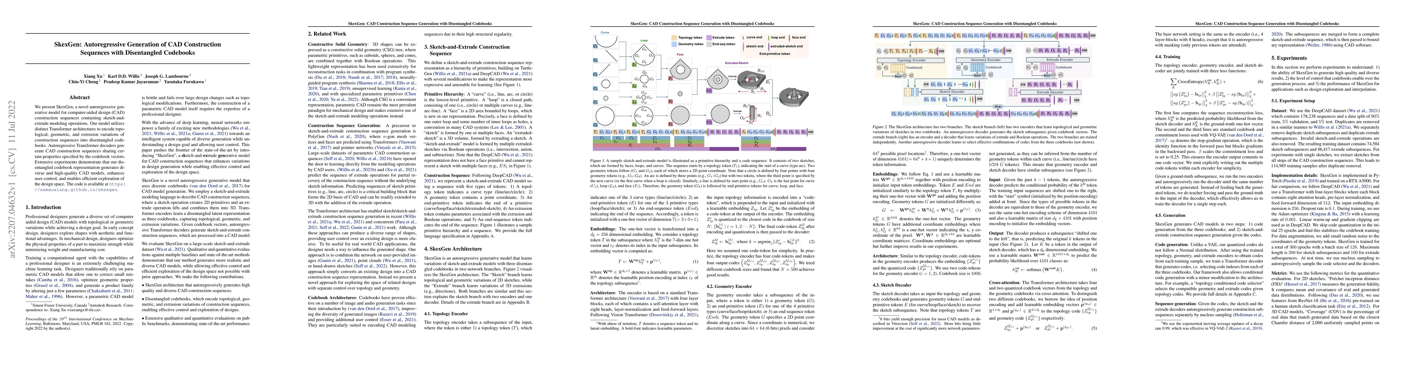 Thumbnail for SkexGen: Autoregressive Generation of CAD Construction Sequences with
  Disentangled Codebooks