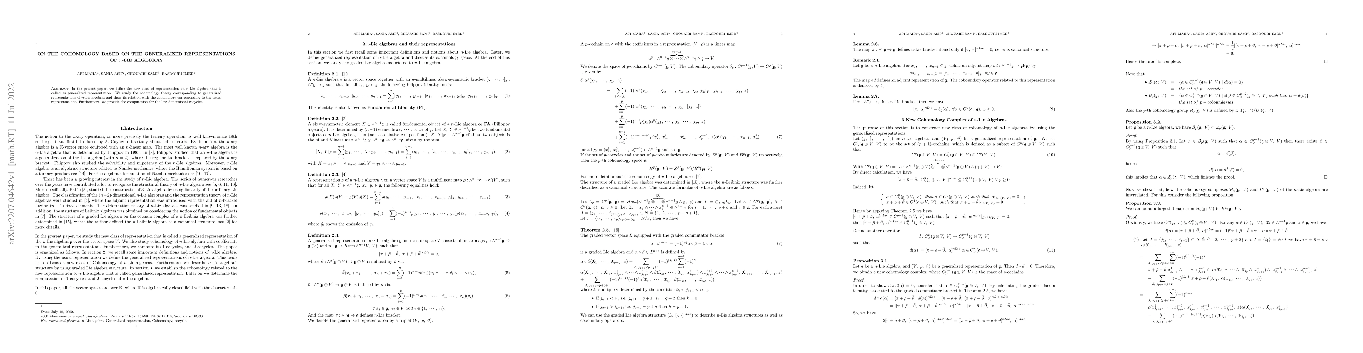 Thumbnail for On the cohomology based on the generalized representations of $n$-Lie
  Algebras