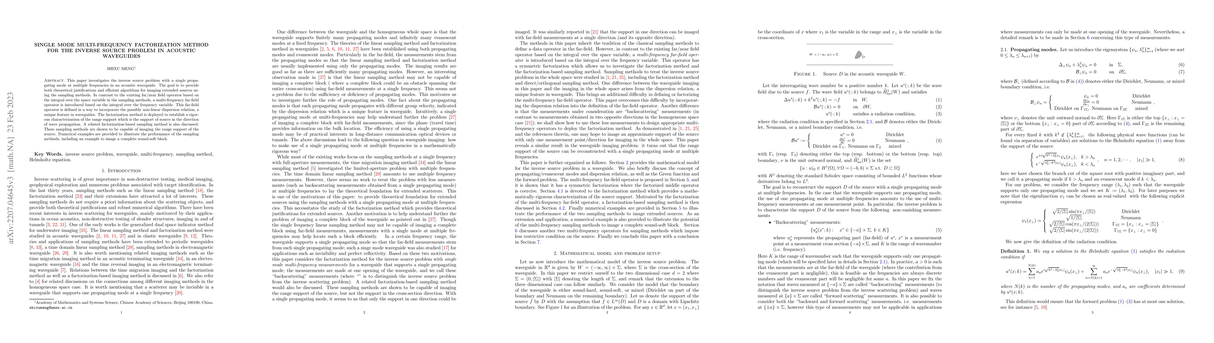 Thumbnail for Single Mode Multi-frequency Factorization Method for the Inverse Source
  Problem in Acoustic Waveguides