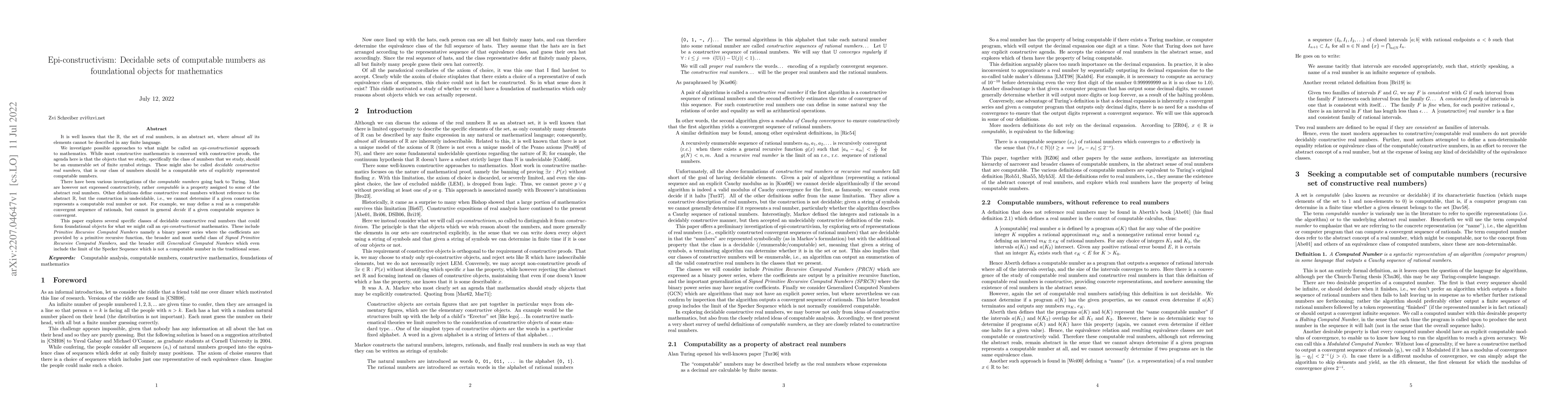 Thumbnail for Epi-constructivism: Decidable sets of computable numbers as foundational
  objects for mathematics