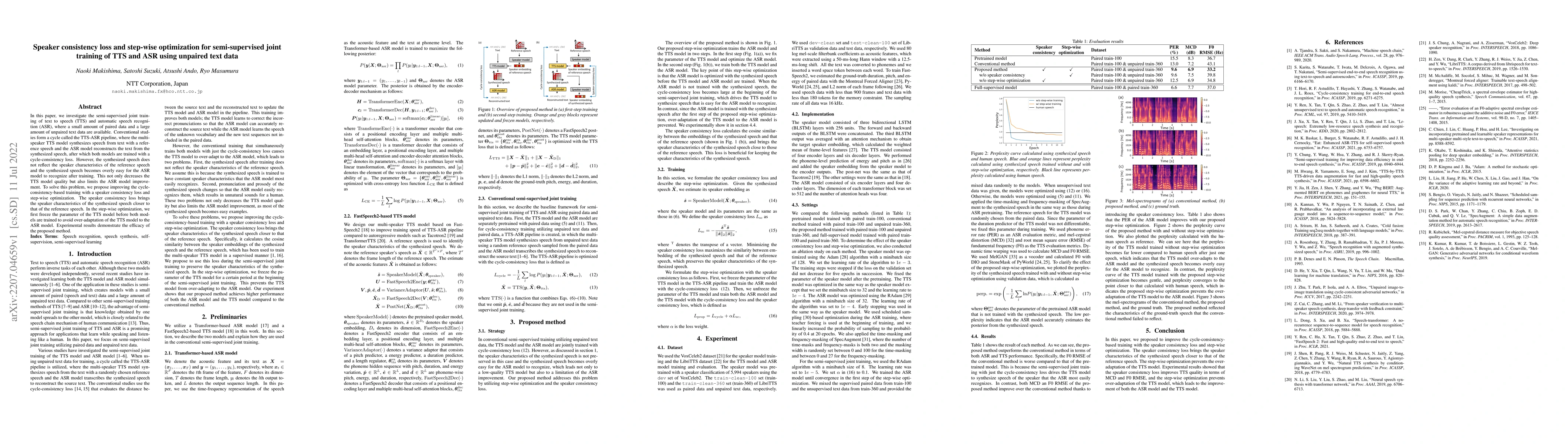 Thumbnail for Speaker consistency loss and step-wise optimization for semi-supervised
  joint training of TTS and ASR using unpaired text data