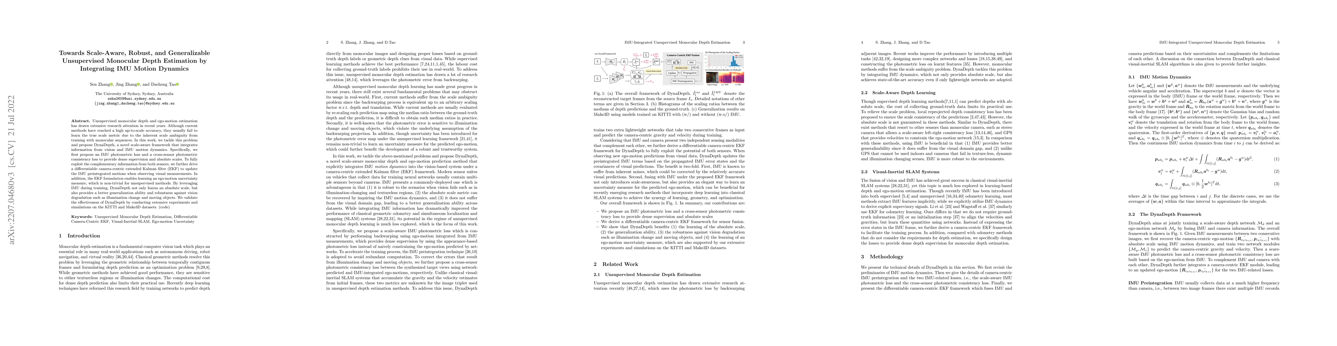 Thumbnail for Towards Scale-Aware, Robust, and Generalizable Unsupervised Monocular
  Depth Estimation by Integrating IMU Motion Dynamics