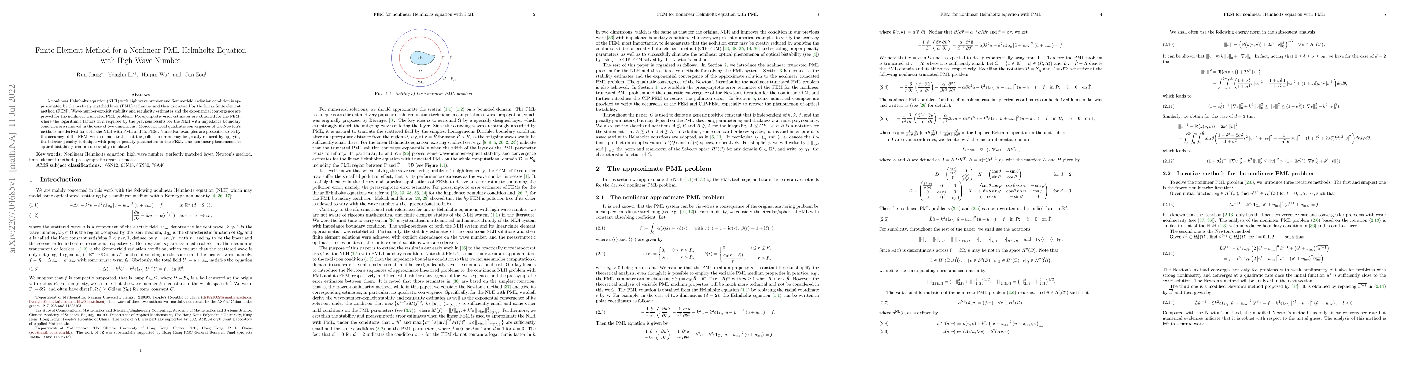 Thumbnail for Finite Element Method for a Nonlinear PML Helmholtz Equation with High
  Wave Number