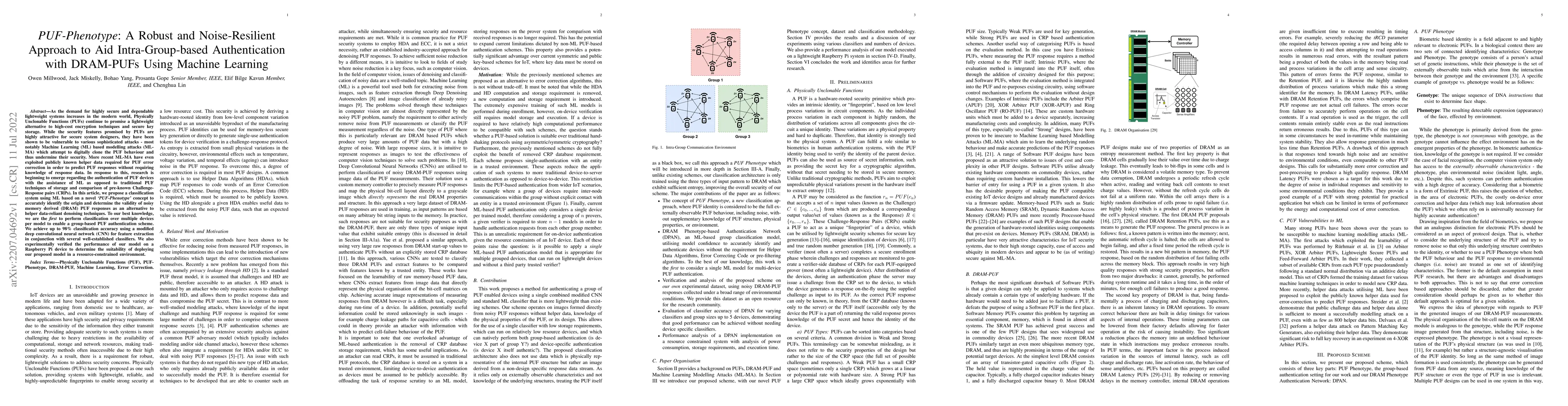 Thumbnail for PUF-Phenotype: A Robust and Noise-Resilient Approach to Aid
  Intra-Group-based Authentication with DRAM-PUFs Using Machine Learning